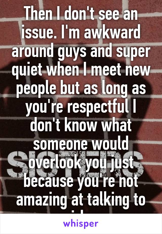 Then I don't see an issue. I'm awkward around guys and super quiet when I meet new people but as long as you're respectful I don't know what someone would overlook you just because you're not amazing at talking to girls. 