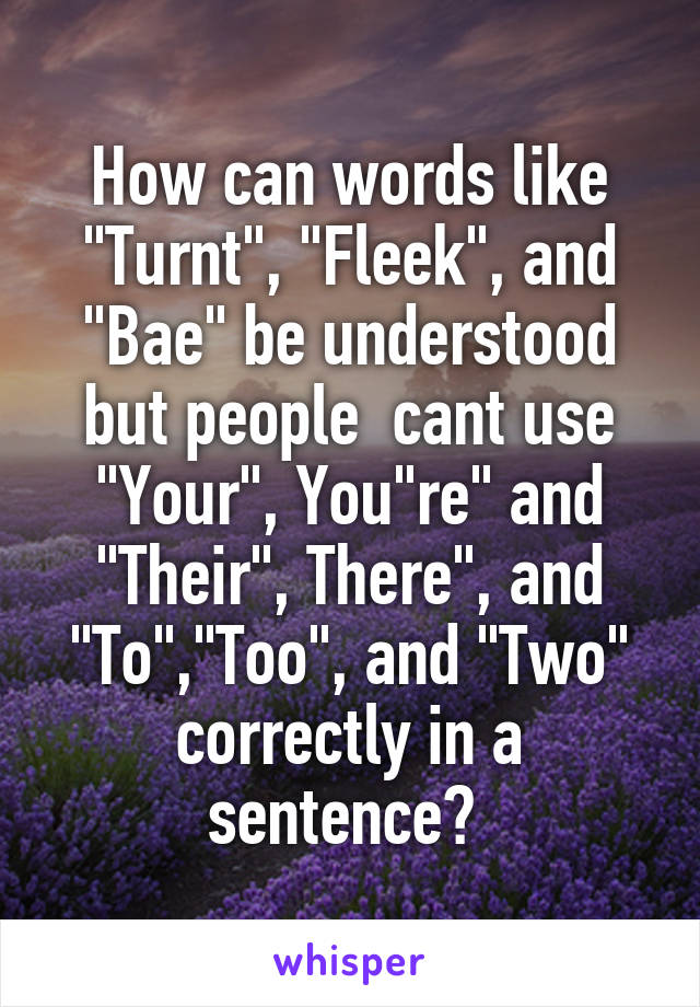 How can words like "Turnt", "Fleek", and "Bae" be understood but people  cant use "Your", You"re" and "Their", There", and "To","Too", and "Two" correctly in a sentence? 