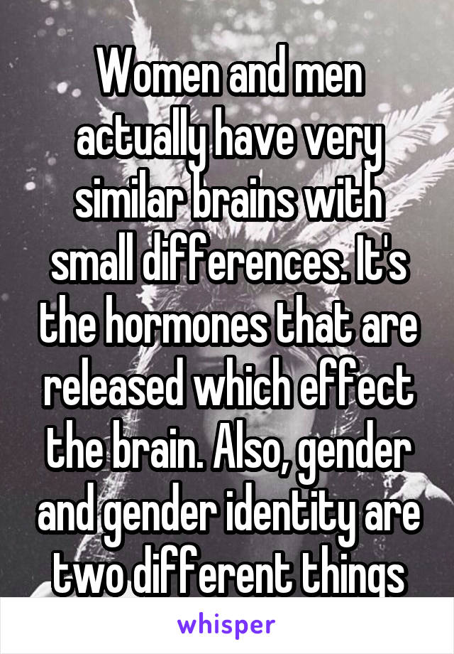 Women and men actually have very similar brains with small differences. It's the hormones that are released which effect the brain. Also, gender and gender identity are two different things