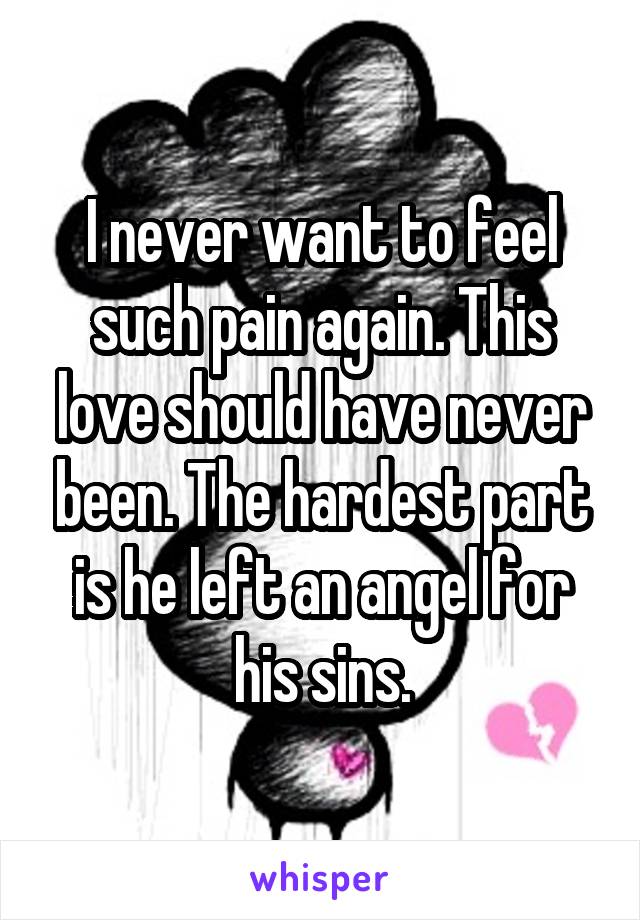 I never want to feel such pain again. This love should have never been. The hardest part is he left an angel for his sins.