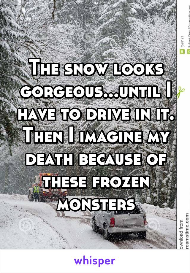 The snow looks gorgeous...until I have to drive in it. Then I imagine my death because of these frozen monsters