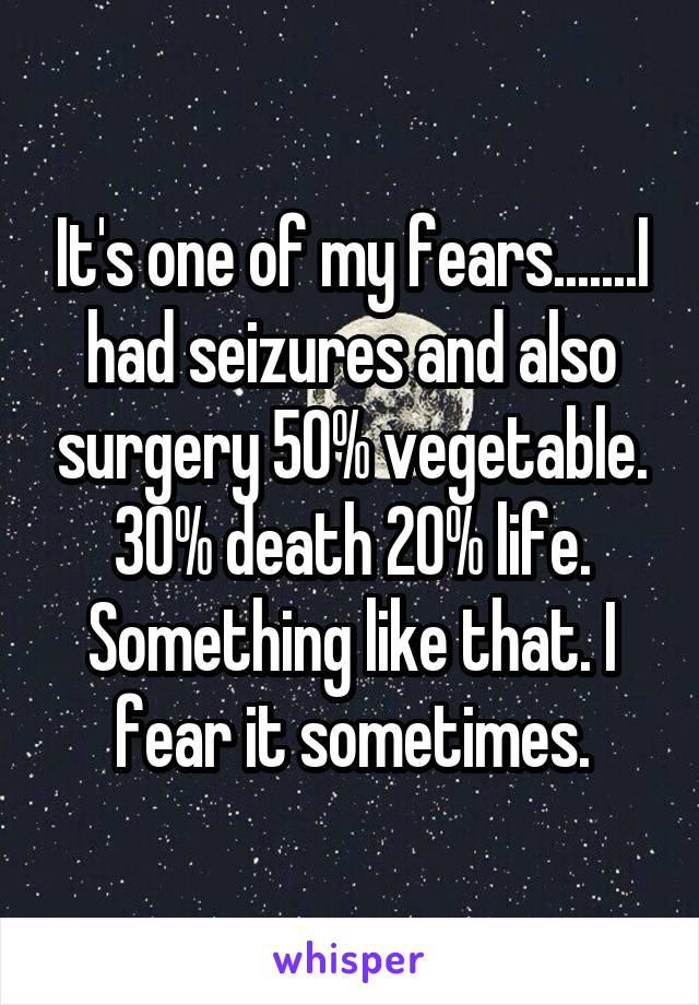 It's one of my fears.......I had seizures and also surgery 50% vegetable. 30% death 20% life. Something like that. I fear it sometimes.