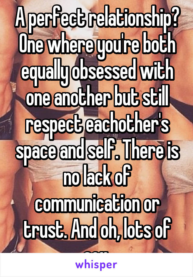 A perfect relationship? One where you're both equally obsessed with one another but still respect eachother's space and self. There is no lack of communication or trust. And oh, lots of sex.