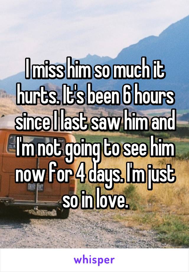 I miss him so much it hurts. It's been 6 hours since I last saw him and I'm not going to see him now for 4 days. I'm just so in love.