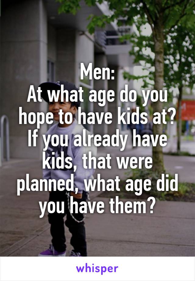 Men:
At what age do you hope to have kids at?
If you already have kids, that were planned, what age did you have them?