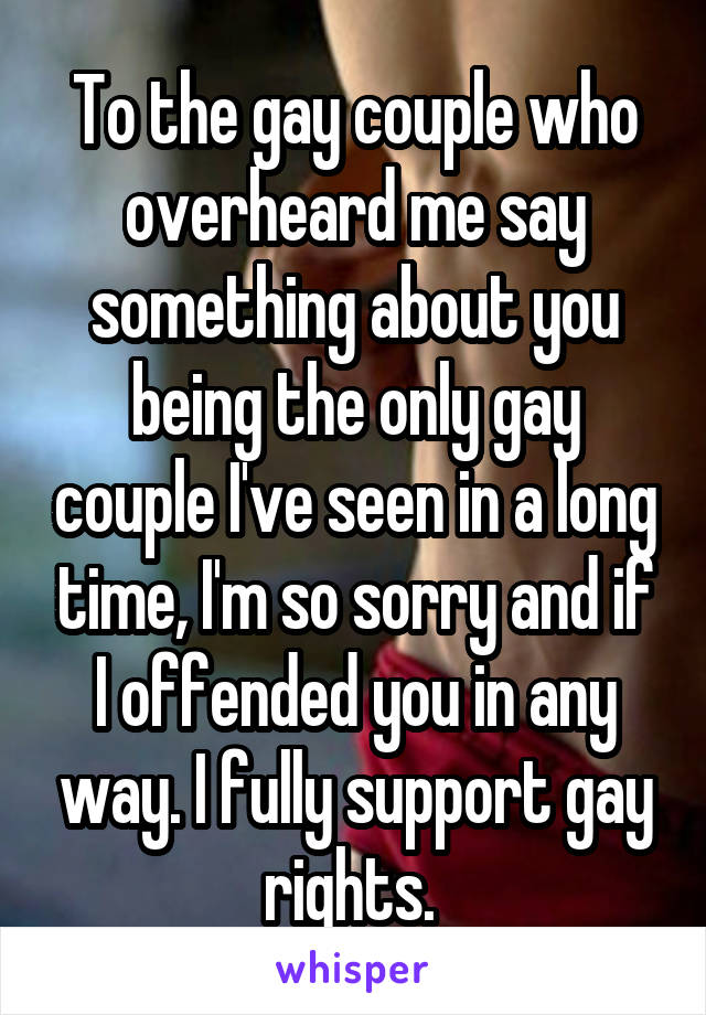 To the gay couple who overheard me say something about you being the only gay couple I've seen in a long time, I'm so sorry and if I offended you in any way. I fully support gay rights. 