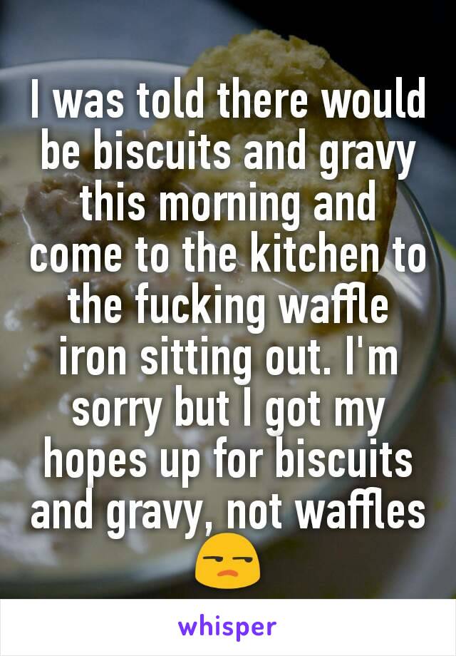 I was told there would be biscuits and gravy this morning and come to the kitchen to the fucking waffle iron sitting out. I'm sorry but I got my hopes up for biscuits and gravy, not waffles 😒