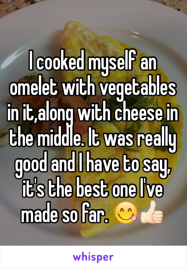 I cooked myself an omelet with vegetables in it,along with cheese in the middle. It was really good and I have to say, it's the best one I've made so far. 😋👍🏻