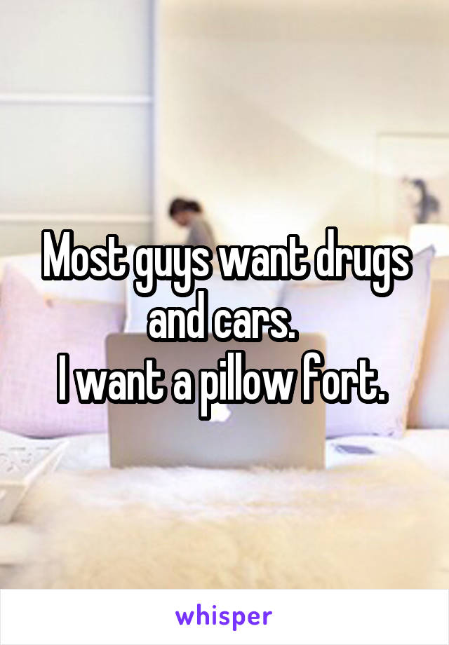 Most guys want drugs and cars. 
I want a pillow fort. 