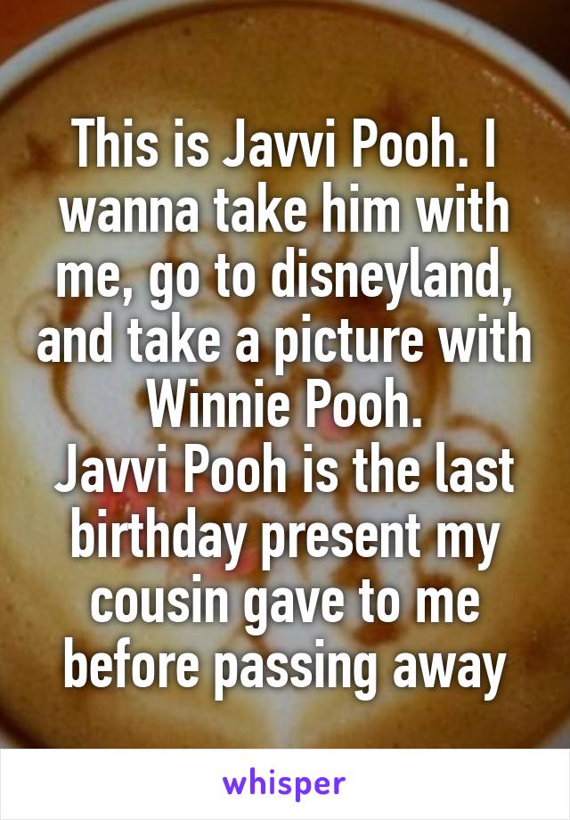 This is Javvi Pooh. I wanna take him with me, go to disneyland, and take a picture with Winnie Pooh.
Javvi Pooh is the last birthday present my cousin gave to me before passing away