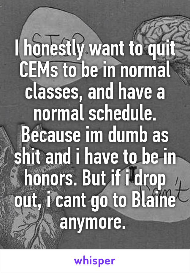 I honestly want to quit CEMs to be in normal classes, and have a normal schedule. Because im dumb as shit and i have to be in honors. But if i drop out, i cant go to Blaine anymore. 