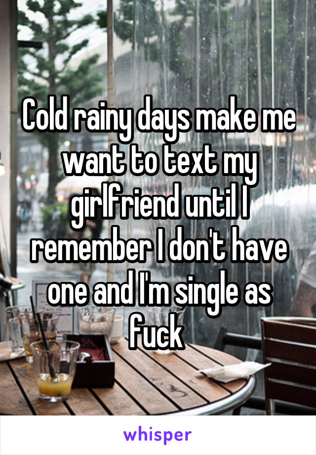 Cold rainy days make me want to text my girlfriend until I remember I don't have one and I'm single as fuck 