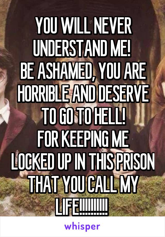 YOU WILL NEVER UNDERSTAND ME! 
BE ASHAMED, YOU ARE HORRIBLE AND DESERVE TO GO TO HELL!
FOR KEEPING ME LOCKED UP IN THIS PRISON THAT YOU CALL MY LIFE!!!!!!!!!! 