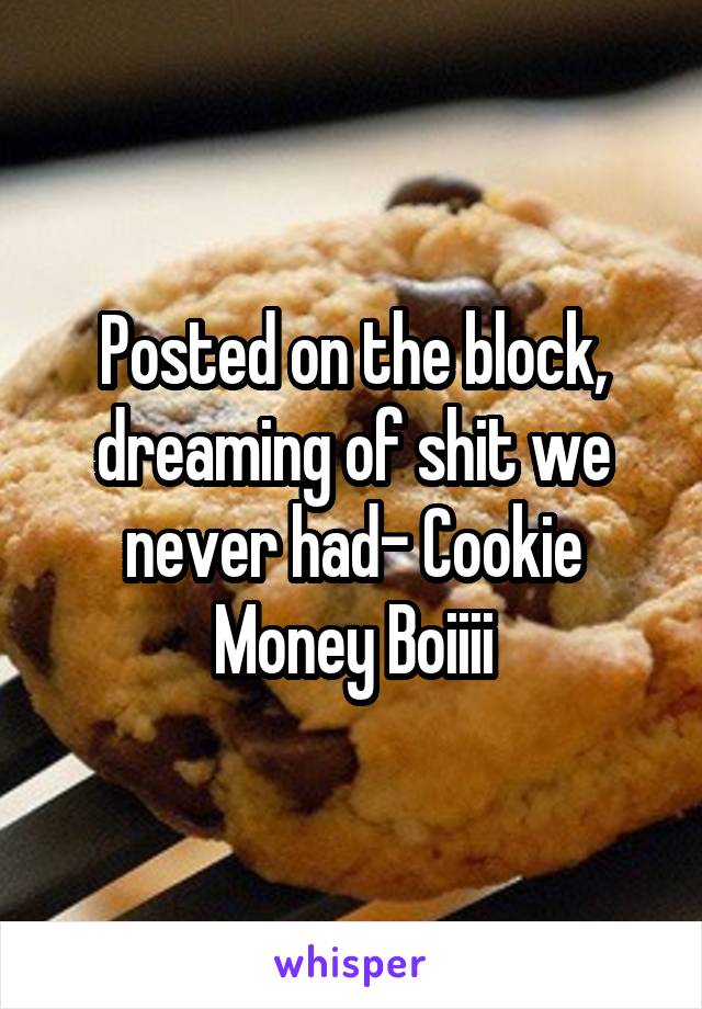 Posted on the block, dreaming of shit we never had- Cookie Money Boiiii