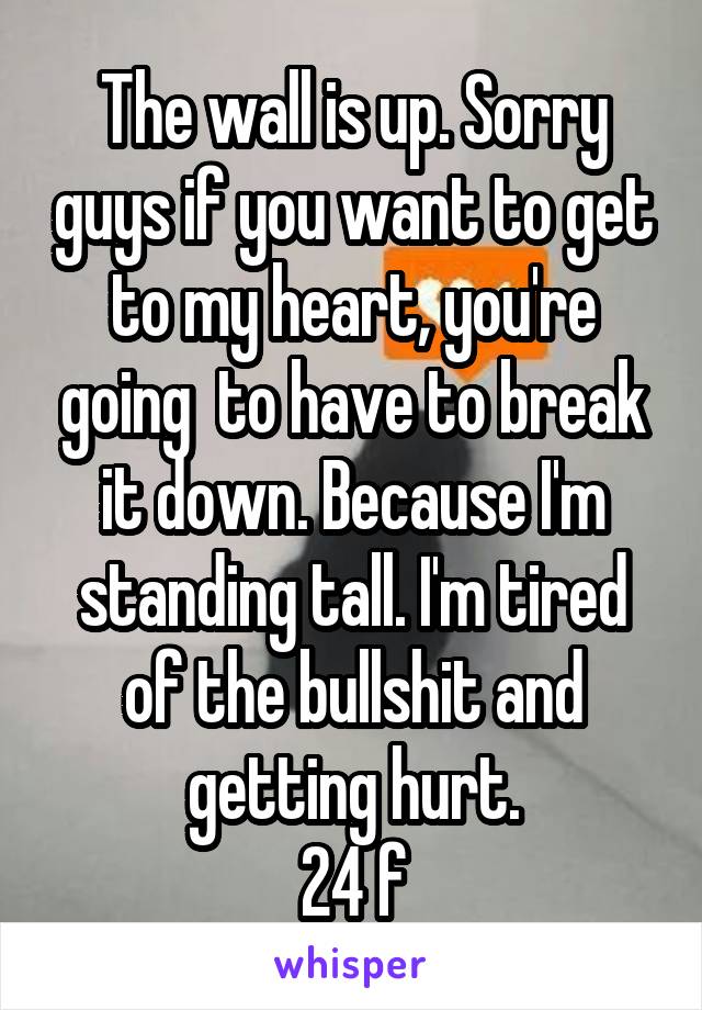 The wall is up. Sorry guys if you want to get to my heart, you're going  to have to break it down. Because I'm standing tall. I'm tired of the bullshit and getting hurt.
24 f