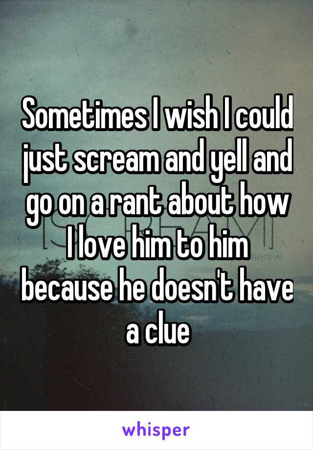 Sometimes I wish I could just scream and yell and go on a rant about how I love him to him because he doesn't have a clue