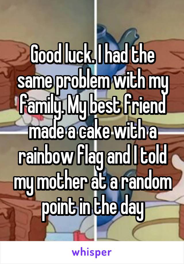 Good luck. I had the same problem with my family. My best friend made a cake with a rainbow flag and I told my mother at a random point in the day