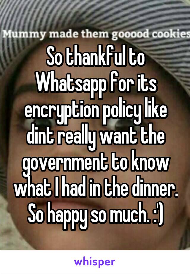 So thankful to Whatsapp for its encryption policy like dint really want the government to know what I had in the dinner. So happy so much. :')