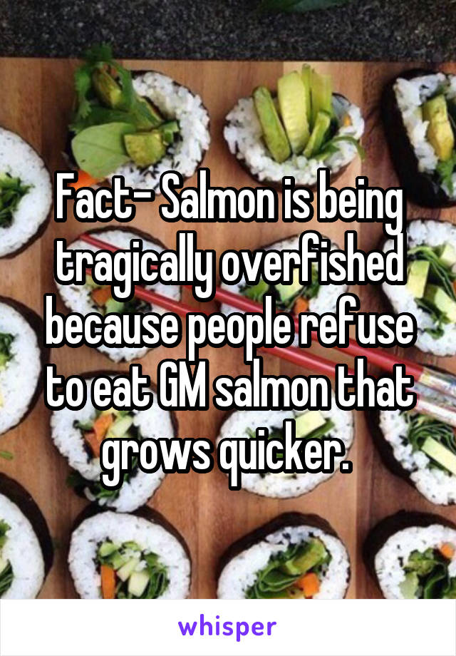 Fact- Salmon is being tragically overfished because people refuse to eat GM salmon that grows quicker. 