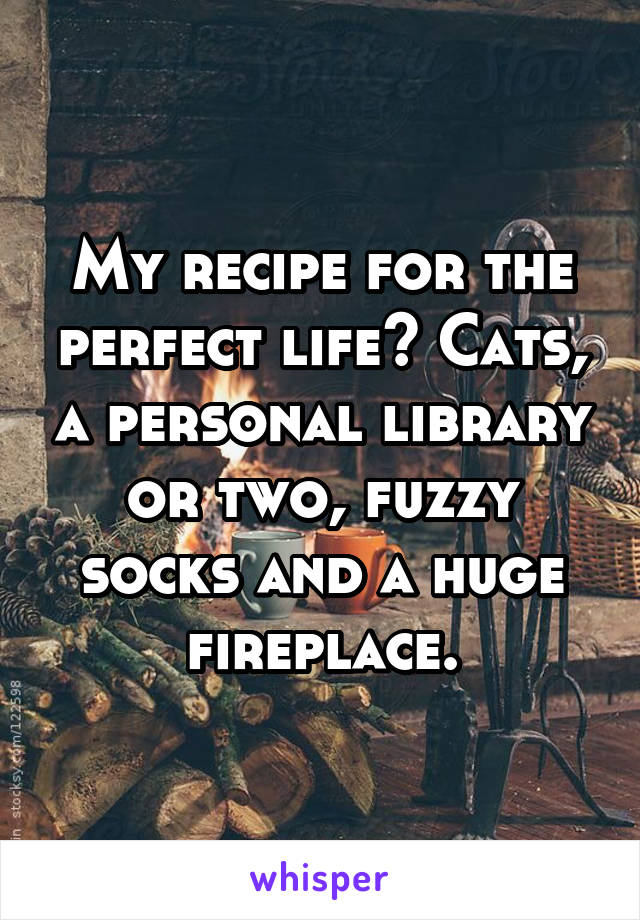 My recipe for the perfect life? Cats, a personal library or two, fuzzy socks and a huge fireplace.