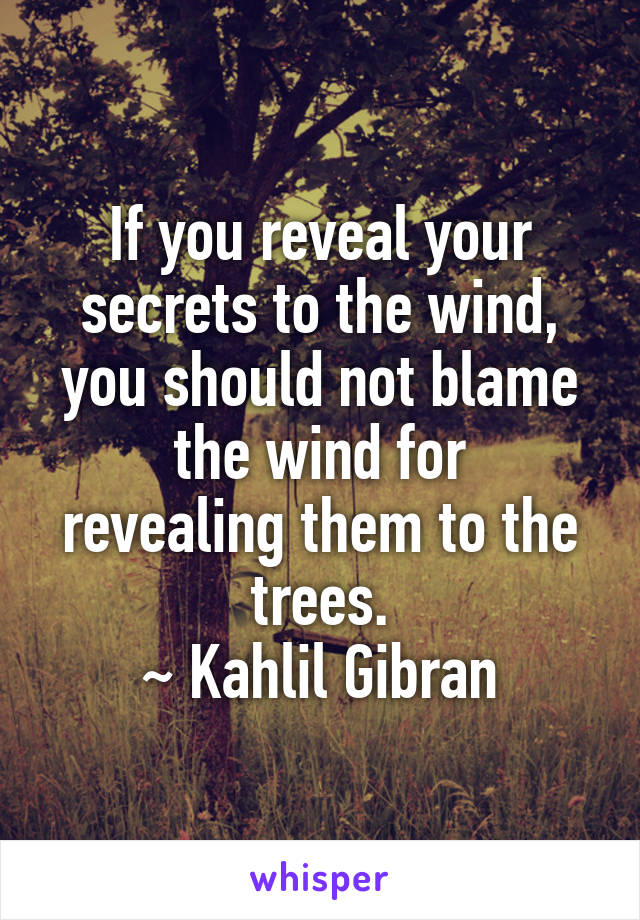 If you reveal your secrets to the wind,
you should not blame the wind for
revealing them to the trees.
~ Kahlil Gibran