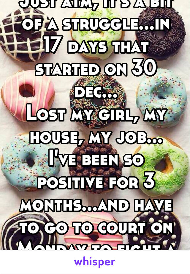 Just atm, it's a bit of a struggle...in 17 days that started on 30 dec...
Lost my girl, my house, my job...
I've been so positive for 3 months...and have to go to court on Monday to fight a BS VRO...