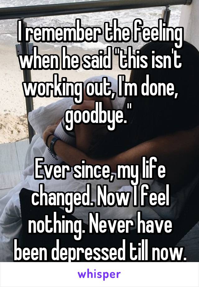 I remember the feeling when he said "this isn't working out, I'm done, goodbye." 

Ever since, my life changed. Now I feel nothing. Never have been depressed till now.