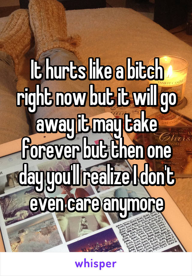 It hurts like a bitch right now but it will go away it may take forever but then one day you'll realize I don't even care anymore