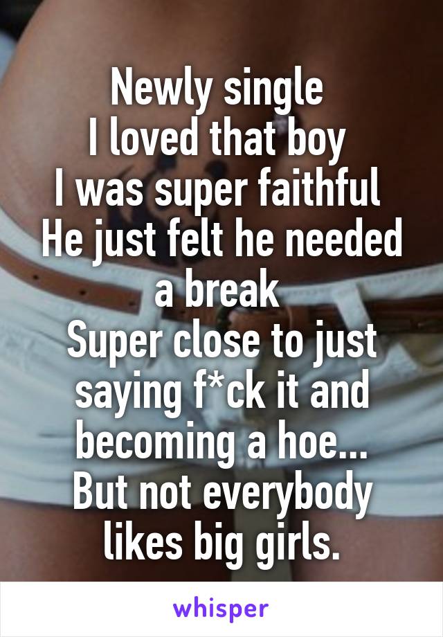 Newly single 
I loved that boy 
I was super faithful 
He just felt he needed a break 
Super close to just saying f*ck it and becoming a hoe...
But not everybody likes big girls.