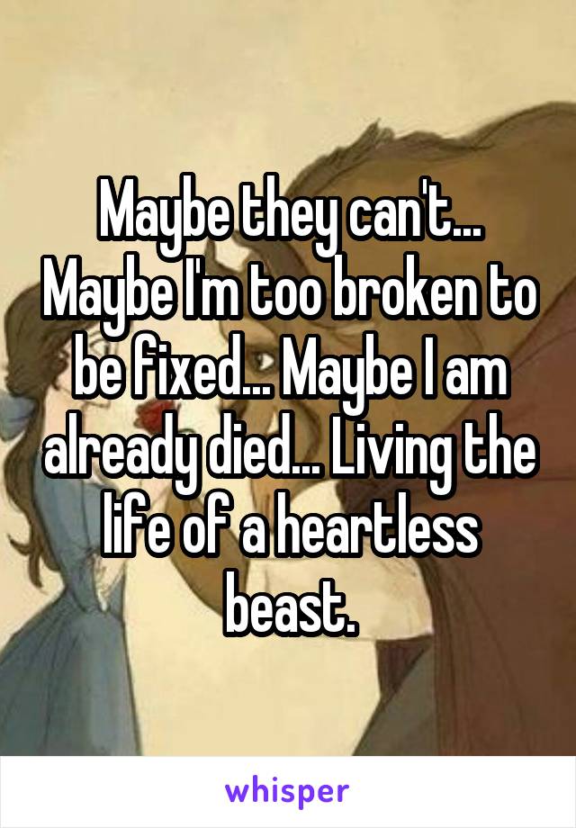 Maybe they can't... Maybe I'm too broken to be fixed... Maybe I am already died... Living the life of a heartless beast.