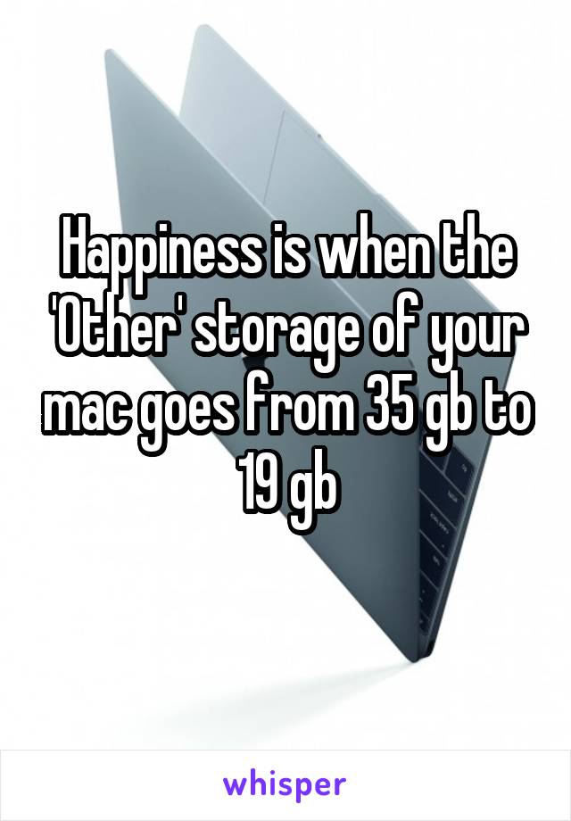 Happiness is when the 'Other' storage of your mac goes from 35 gb to 19 gb
