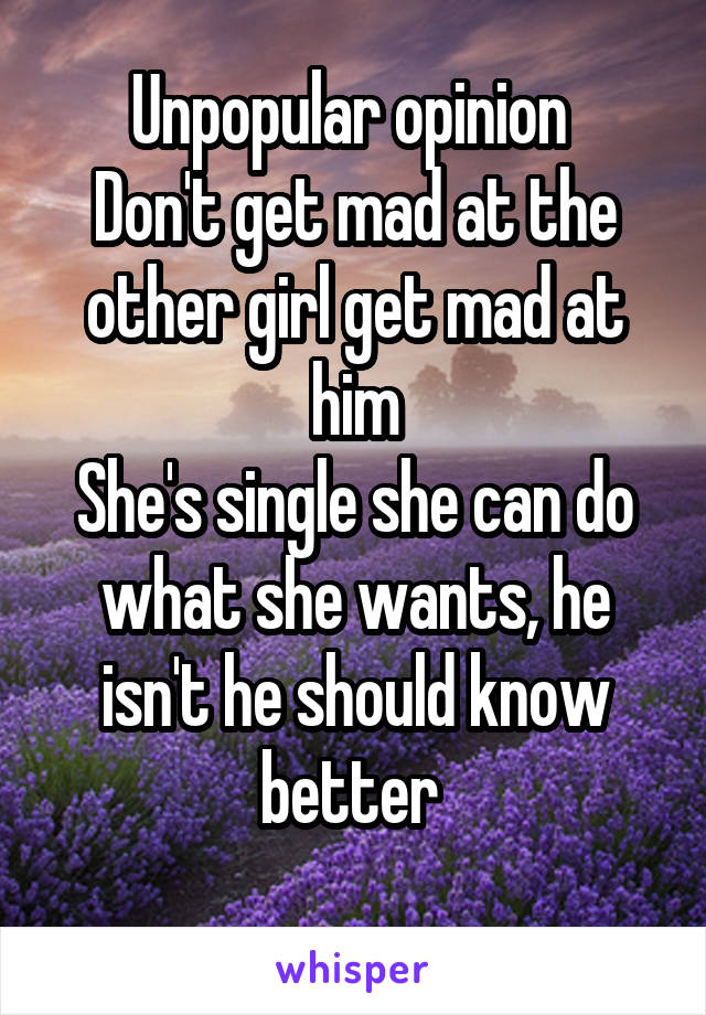 Unpopular opinion 
Don't get mad at the other girl get mad at him
She's single she can do what she wants, he isn't he should know better 
