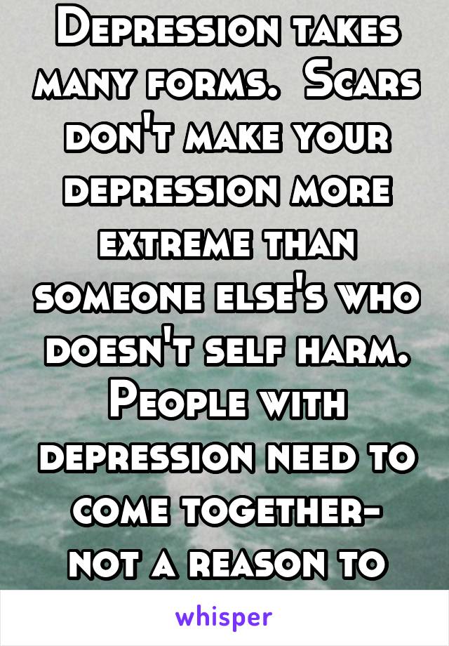 Depression takes many forms.  Scars don't make your depression more extreme than someone else's who doesn't self harm. People with depression need to come together- not a reason to isolate even more