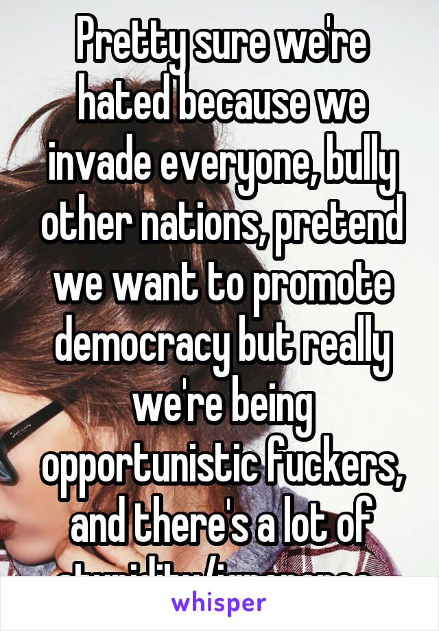 Pretty sure we're hated because we invade everyone, bully other nations, pretend we want to promote democracy but really we're being opportunistic fuckers, and there's a lot of stupidity/ignorance. 