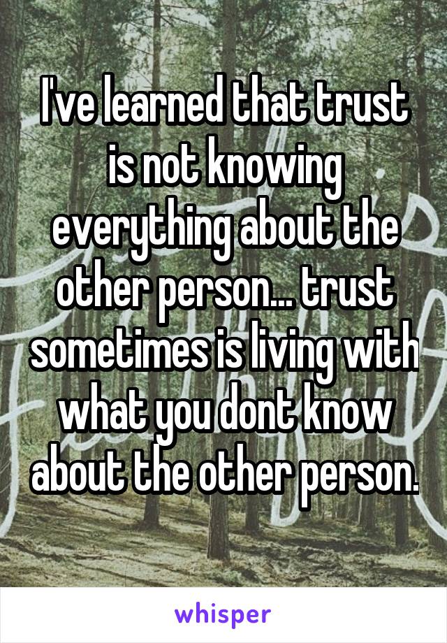 I've learned that trust is not knowing everything about the other person... trust sometimes is living with what you dont know about the other person.  