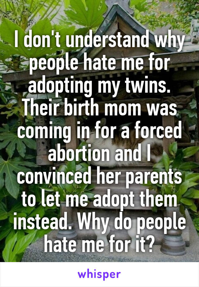 I don't understand why people hate me for adopting my twins. Their birth mom was coming in for a forced abortion and I convinced her parents to let me adopt them instead. Why do people hate me for it?