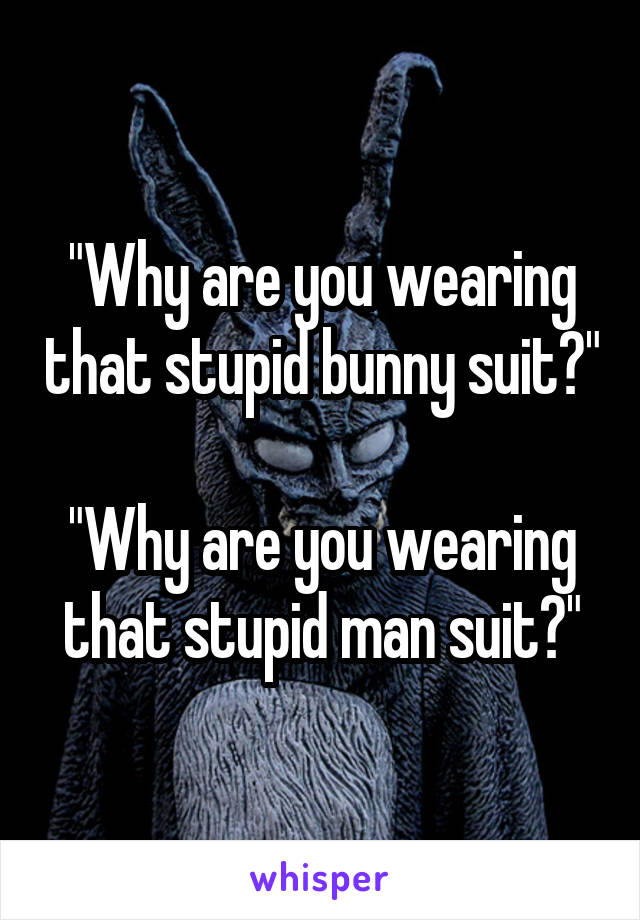 "Why are you wearing that stupid bunny suit?"

"Why are you wearing that stupid man suit?"