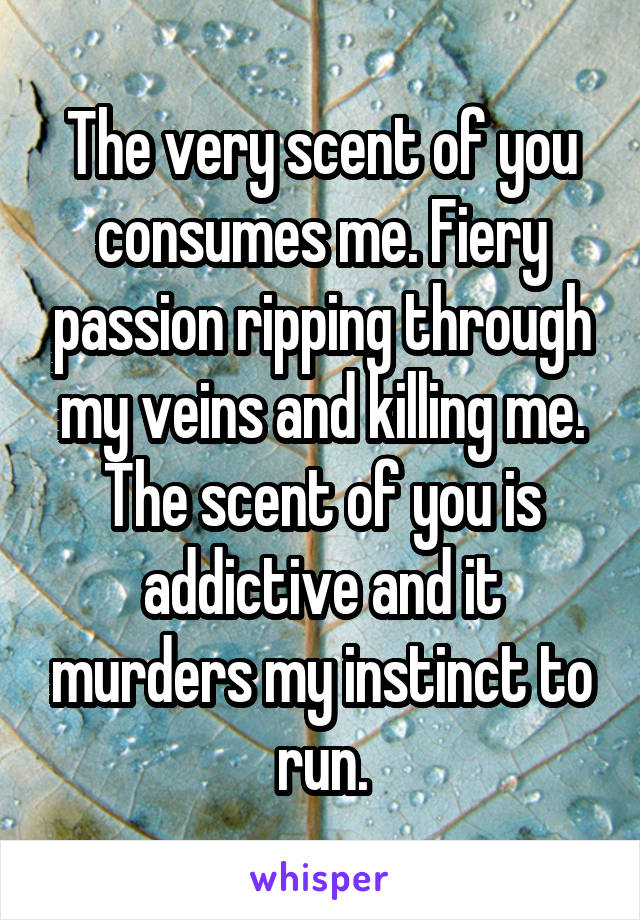 The very scent of you consumes me. Fiery passion ripping through my veins and killing me. The scent of you is addictive and it murders my instinct to run.