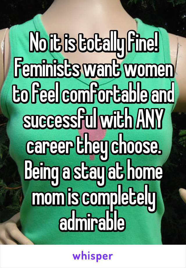 No it is totally fine! Feminists want women to feel comfortable and successful with ANY career they choose. Being a stay at home mom is completely admirable 