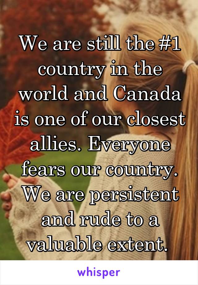 We are still the #1 country in the world and Canada is one of our closest allies. Everyone fears our country. We are persistent and rude to a valuable extent. 