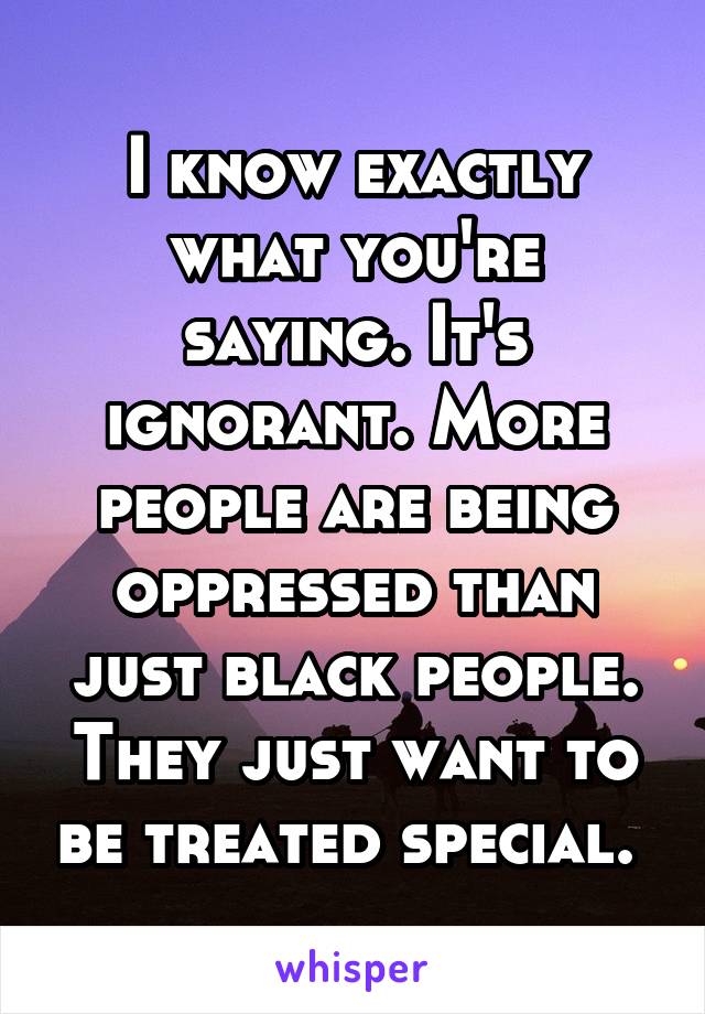 I know exactly what you're saying. It's ignorant. More people are being oppressed than just black people. They just want to be treated special. 