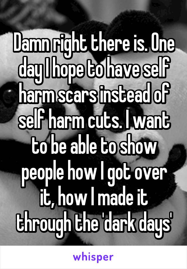 Damn right there is. One day I hope to have self harm scars instead of self harm cuts. I want to be able to show people how I got over it, how I made it through the 'dark days'