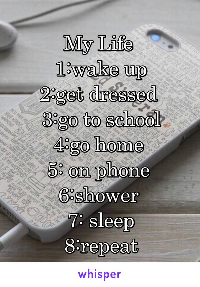 My Life 
1:wake up
2:get dressed 
3:go to school
4:go home 
5: on phone 
6:shower 
7: sleep
8:repeat