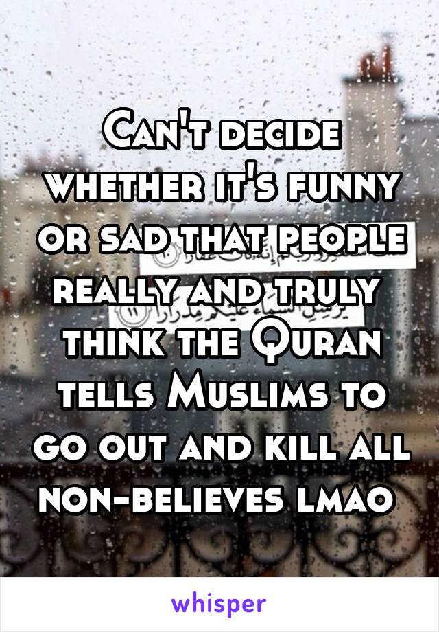 Can't decide whether it's funny or sad that people really and truly  think the Quran tells Muslims to go out and kill all non-believes lmao 