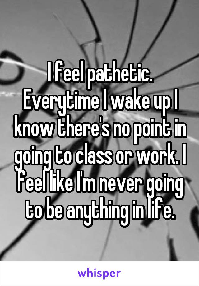 I feel pathetic. Everytime I wake up I know there's no point in going to class or work. I feel like I'm never going to be anything in life.