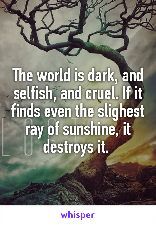 The world is dark, and selfish, and cruel. If it finds even the slighest ray of sunshine, it destroys it. 