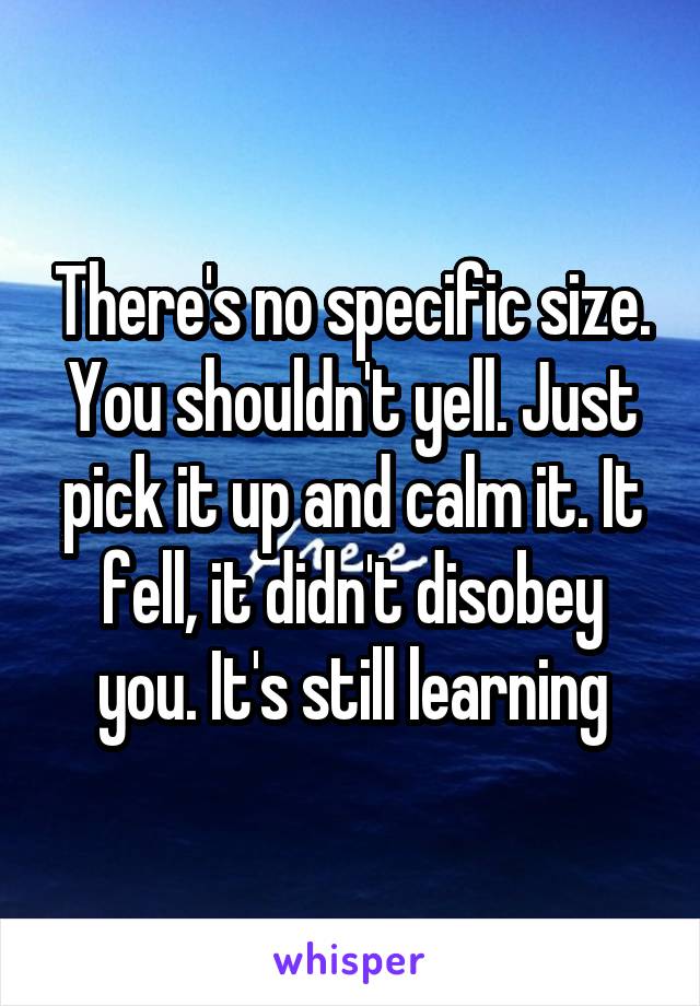 There's no specific size. You shouldn't yell. Just pick it up and calm it. It fell, it didn't disobey you. It's still learning