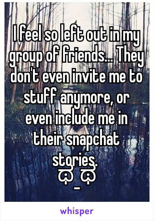 I feel so left out in my group of friends... They don't even invite me to stuff anymore, or even include me in their snapchat stories. 
ಥ_ಥ