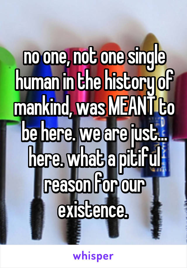 no one, not one single human in the history of mankind, was MEANT to be here. we are just... here. what a pitiful reason for our existence. 