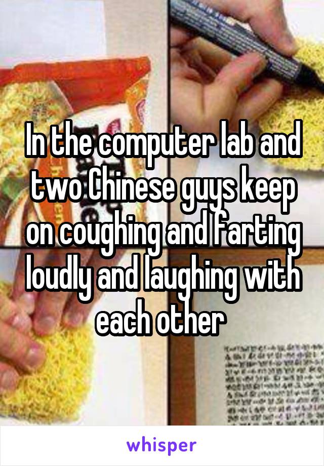 In the computer lab and two Chinese guys keep on coughing and farting loudly and laughing with each other 